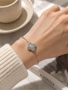 Sterling Silver Clover Bracelet S925 Adjustable w/ Lab Diamond Accent